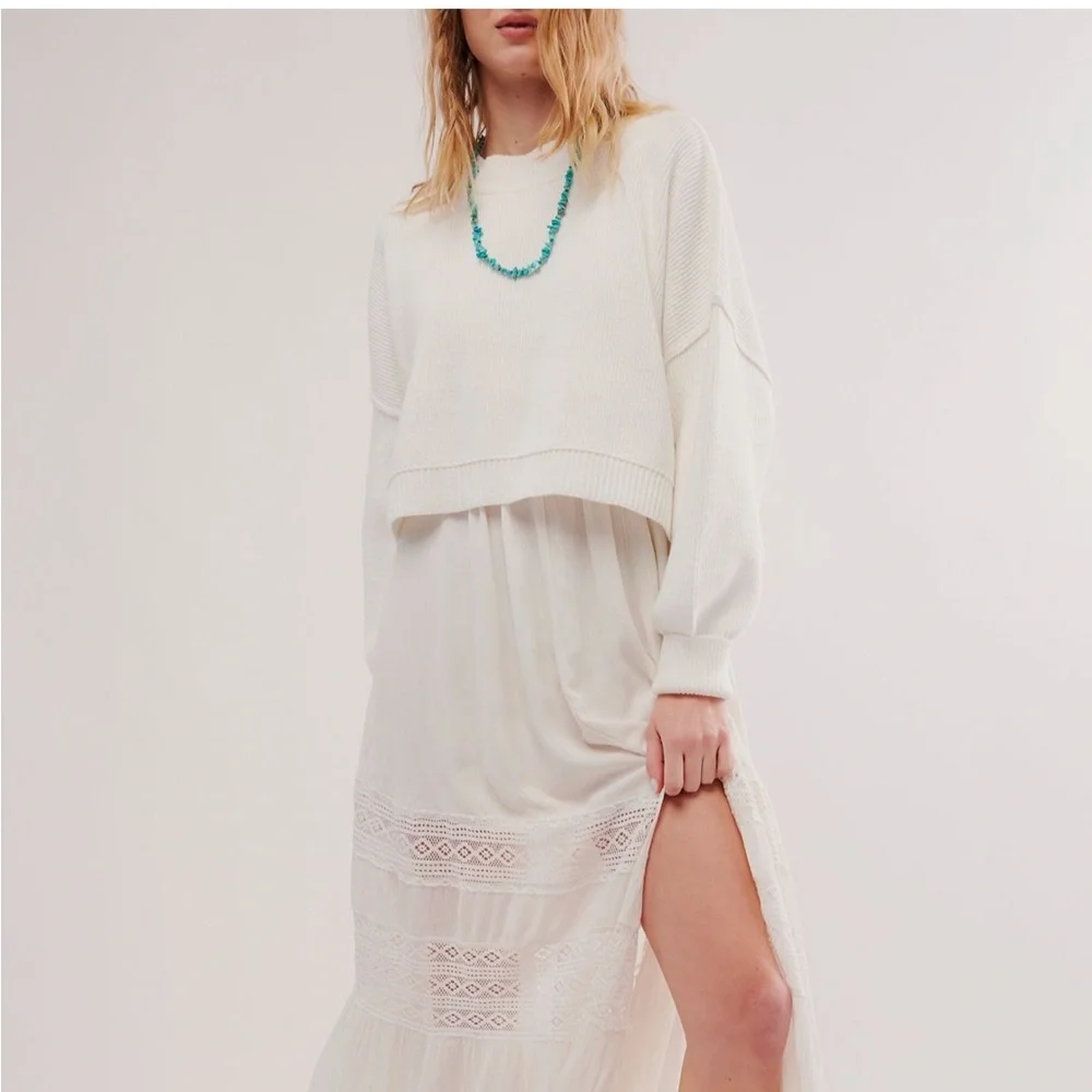 NWT Free People Easy Street Crop Pullover Sweater White, Size Large - Picture 6 of 9
